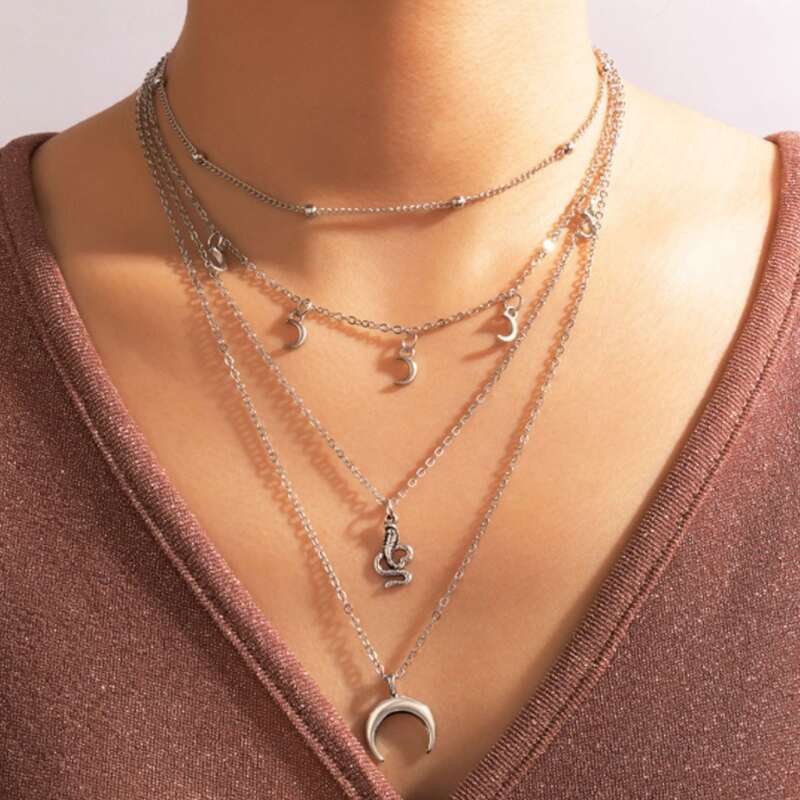 

Serpentine & Moon Layered Necklace, Silver
