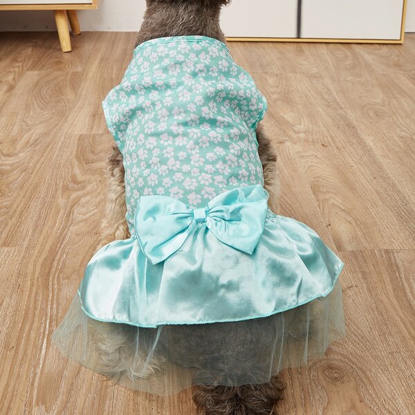 

Bow Decor Paw Print Pet Dress, Blue