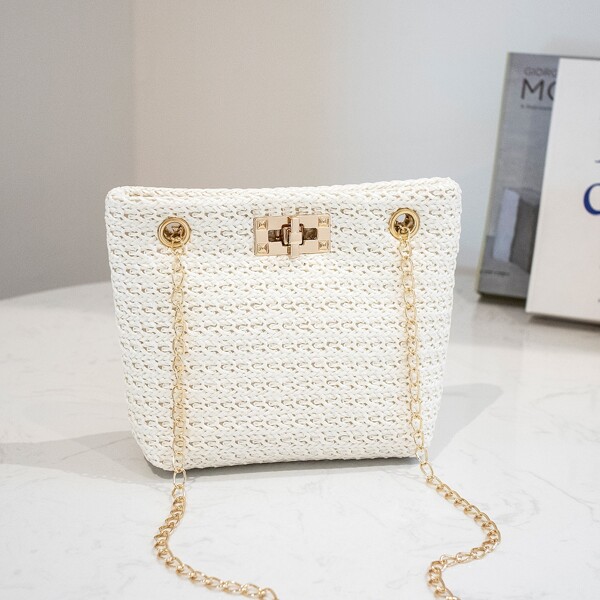 

Minimalist Turn-lock Chain Straw Bag, White
