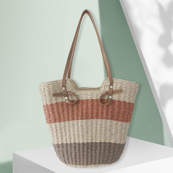 

Colorblock Straw Tote Bag, Multicolor