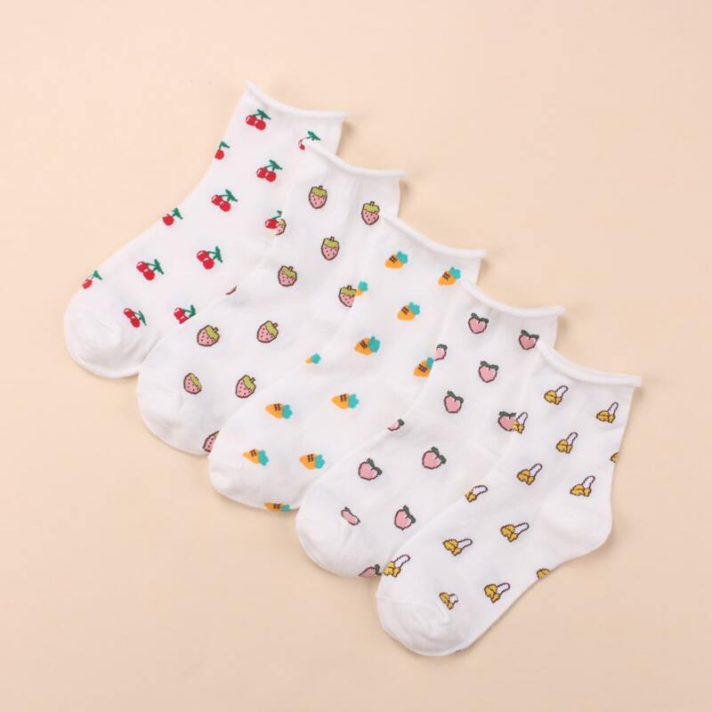 

5pairs Cartoon Fruit Print Socks, Multicolor
