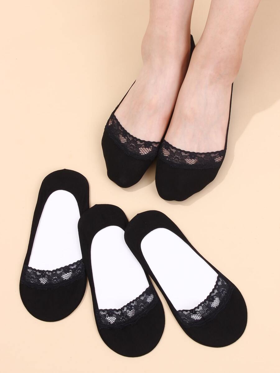 4 pares Calcetines pinkies con encaje en contraste - Negro - Ver 1