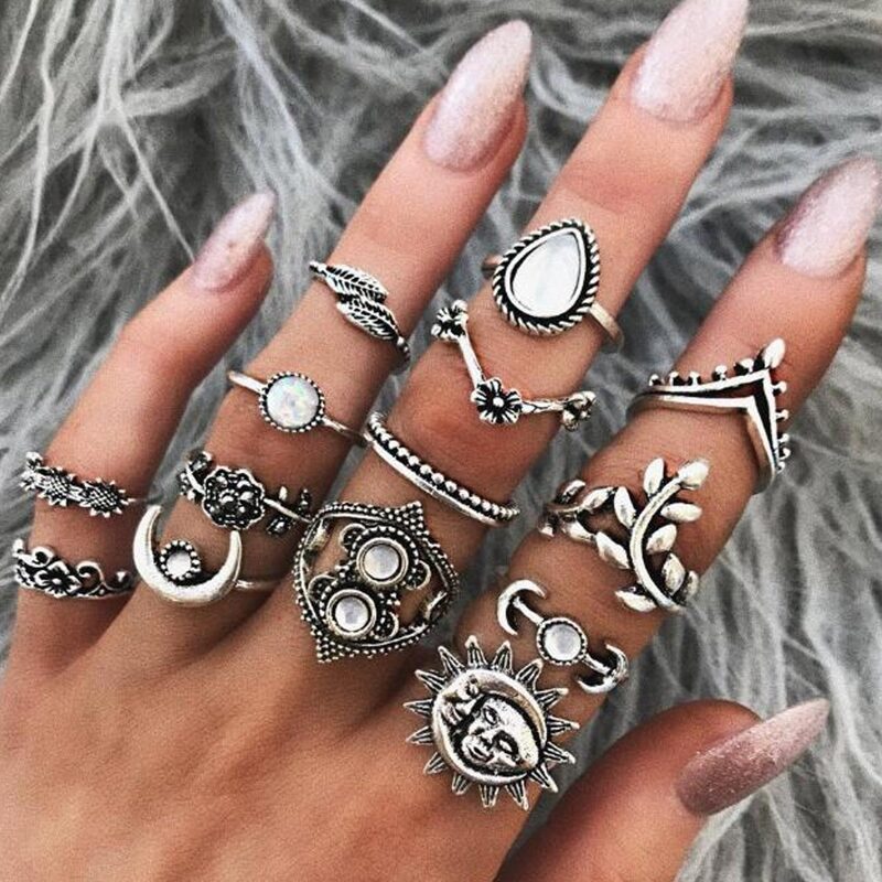 

14pcs Flower & Moon Decor Ring, Antique silver