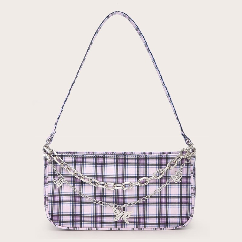 

Butterfly & Chain Decor Plaid Baguette Bag, Purple