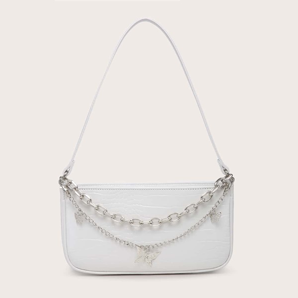 

Butterfly & Chain Decor Baguette Bag, White