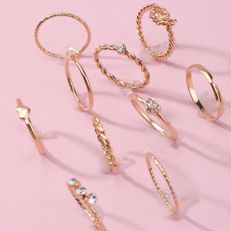

10pcs Rhinestone Charm Ring, Gold