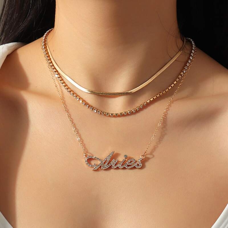 

3pcs Letter & Rhinestone Layered Necklace, Gold