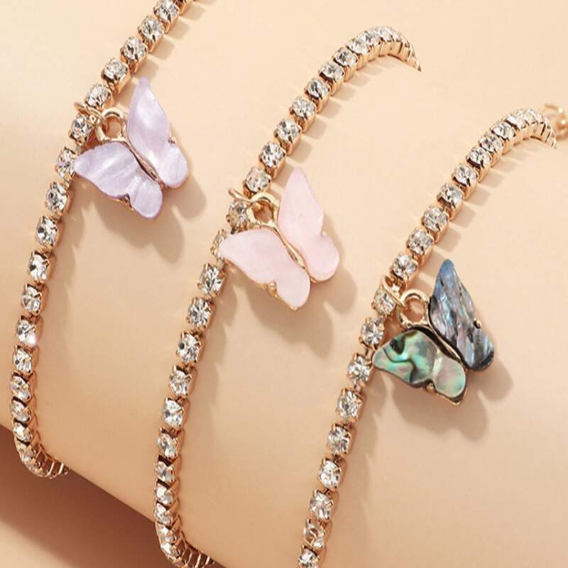 

3pcs Butterfly Rhinestone Anklet, Gold