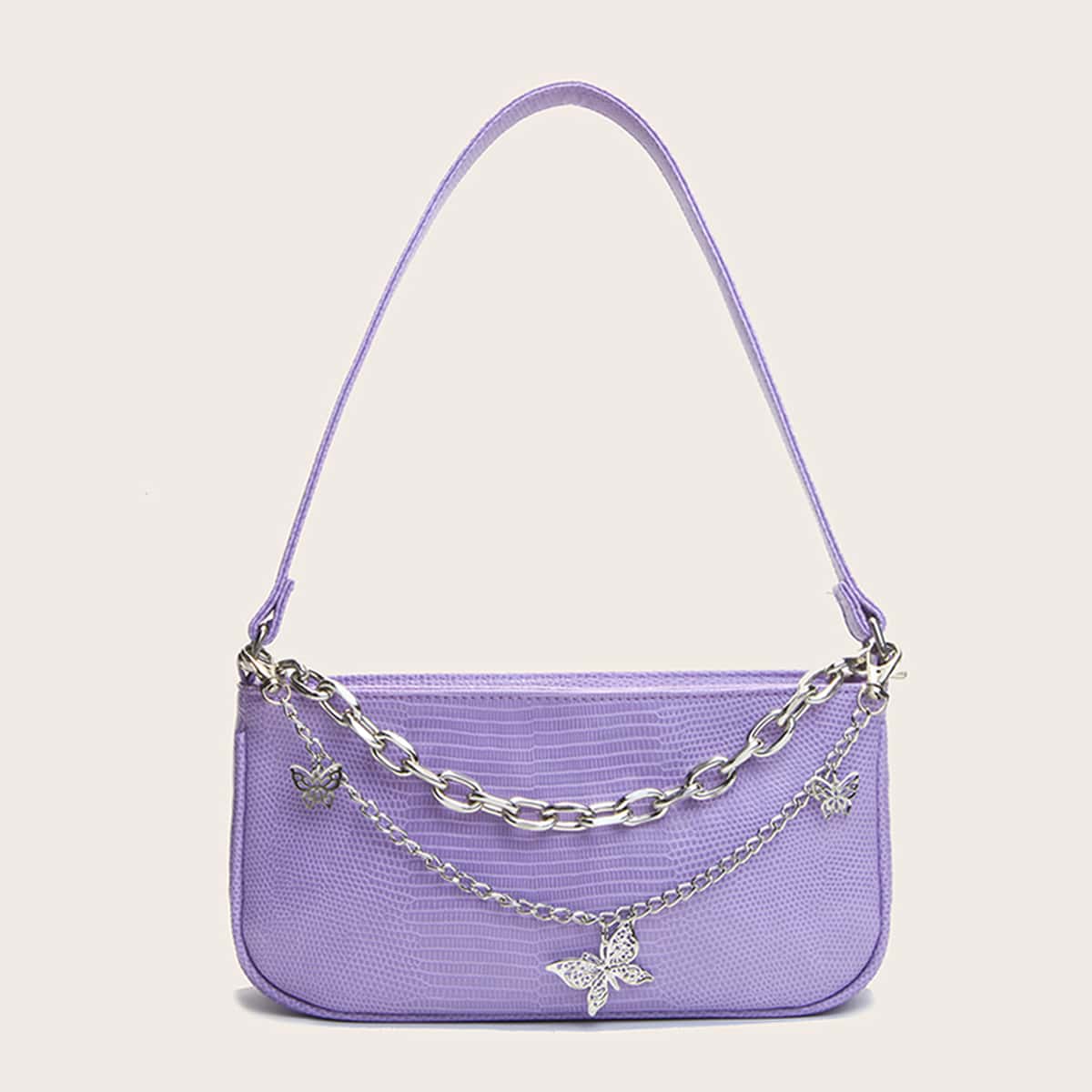 

Butterfly & Chain Decor Baguette Bag, Purple