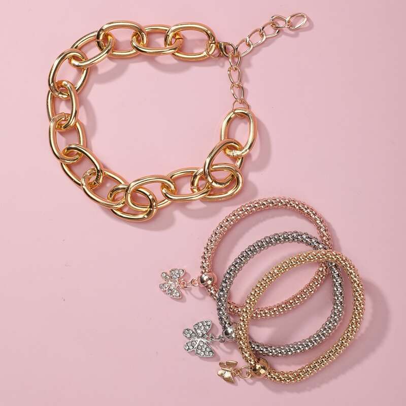 1pc Chain Necklace & 3pcs Butterfly Bracelet, Gold