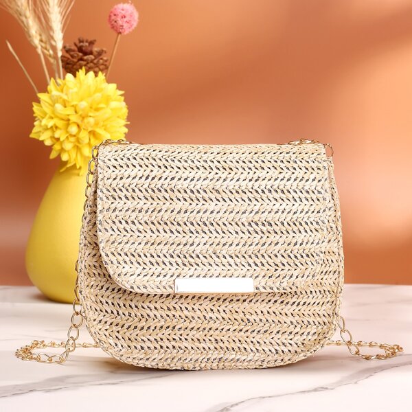 

Metal Edge Chain Straw Saddle Bag, Beige