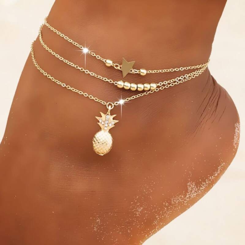 

2pcs Star & Fruit Decor Layered Anklet, Gold