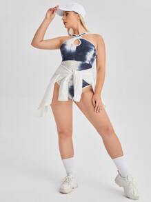 SHEIN Sports Bộ thể thao Plus Size Hội Chữ thập Cà vạt nhuộm - Xanh và trắng - Xem 1