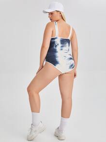 SHEIN Sports Bộ thể thao Plus Size Hội Chữ thập Cà vạt nhuộm - Xanh và trắng - Xem 2