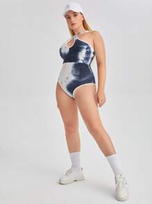 SHEIN Sports Bộ thể thao Plus Size Hội Chữ thập Cà vạt nhuộm - Xanh và trắng - Xem 3