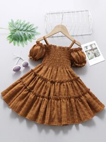 SHEIN Young Girl Cold Shoulder Shirred A-Line Dress,Holiday,Summer,Travel - Brown - View 2