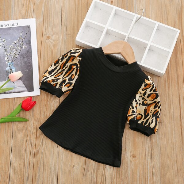 

Toddler Girls Contrast Leopard Puff Sleeve Tee, Black