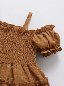 SHEIN Young Girl Cold Shoulder Shirred A-Line Dress,Holiday,Summer,Travel - Brown - View 4