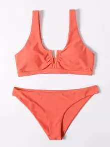 Plain V Wired Bikini For Summer Beach Vacation - Coral Orange - View 2