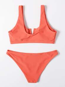 Plain V Wired Bikini For Summer Beach Vacation - Coral Orange - View 3