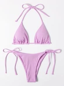SHEIN Swim 夏季沙灘肋條頸綁帶三角形綁帶比基尼泳衣 - 紫丁香色 - 查看 1