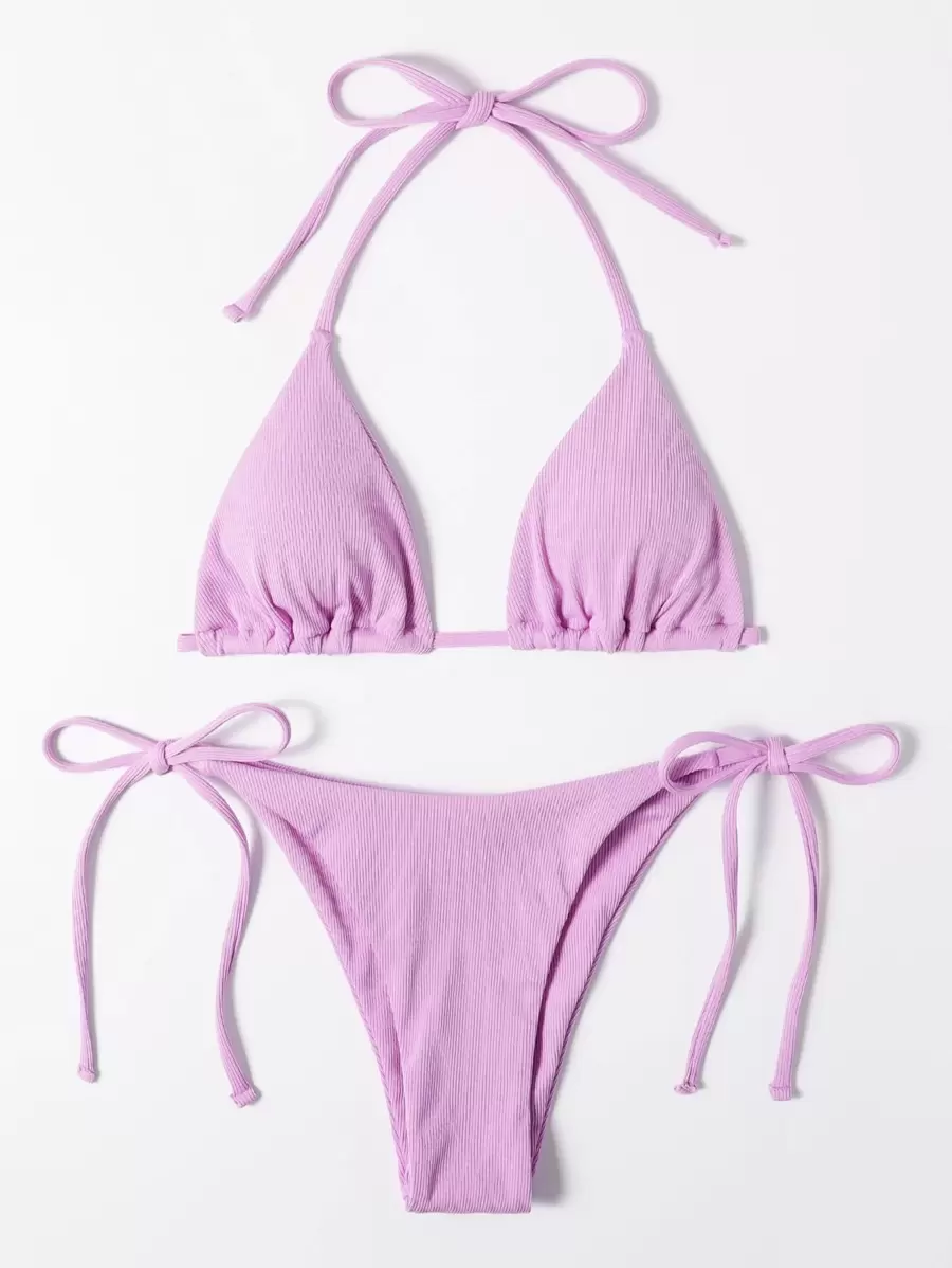 SHEIN Swim 夏季沙灘肋條頸綁帶三角形綁帶比基尼泳衣 - 紫丁香色 - 查看 1
