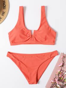 Plain V Wired Bikini For Summer Beach Vacation - Coral Orange - View 4