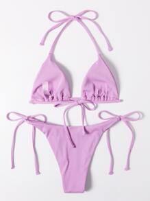 SHEIN Swim 夏季沙灘肋條頸綁帶三角形綁帶比基尼泳衣 - 紫丁香色 - 查看 2
