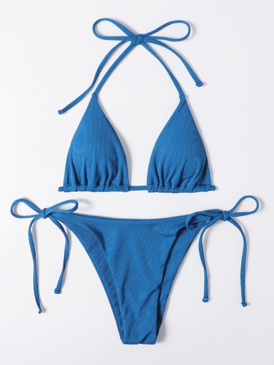 SHEIN Swim Summer Beach Rib Halter Triangle Tie Side Bikini - Royal Blue - View 1