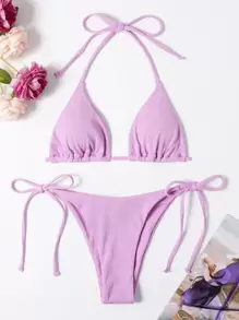 SHEIN Swim 夏季沙灘肋條頸綁帶三角形綁帶比基尼泳衣 - 紫丁香色 - 查看 3