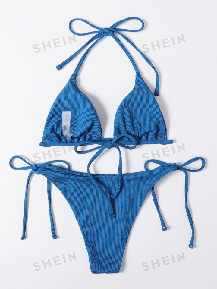rib halter triangle tie side bikini swimsuit