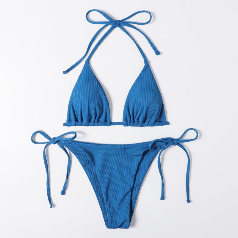 

Rib Halter Triangle Tie Side Bikini Swimsuit, Royal blue