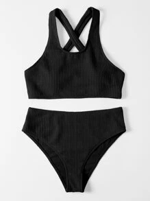 SHEIN Swim Summer Beach Rib Knit Cross Back High Waisted Bikini - Black - View 3