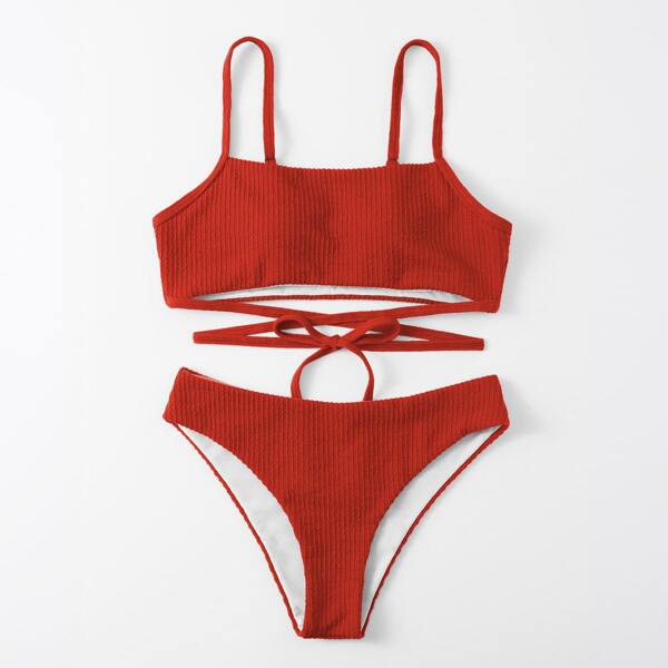 

Textured Knot Bikini Swimsuit, Red