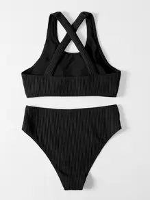 SHEIN Swim Summer Beach Rib Knit Cross Back High Waisted Bikini - Black - View 5