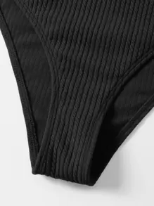 SHEIN Swim Summer Beach Rib Knit Cross Back High Waisted Bikini - Black - View 6