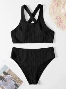 SHEIN Swim Summer Beach Rib Knit Cross Back High Waisted Bikini - Black - View 7