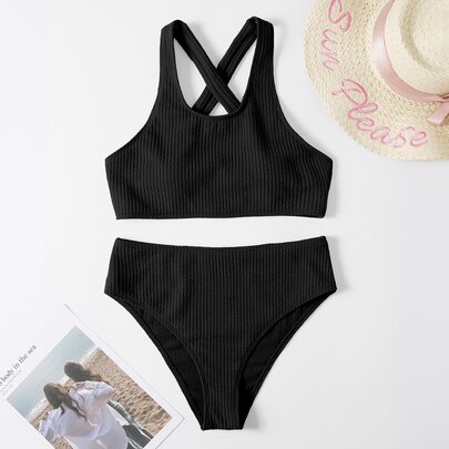 Rib Knit Cross Back High Waisted Bikini Swimsuit