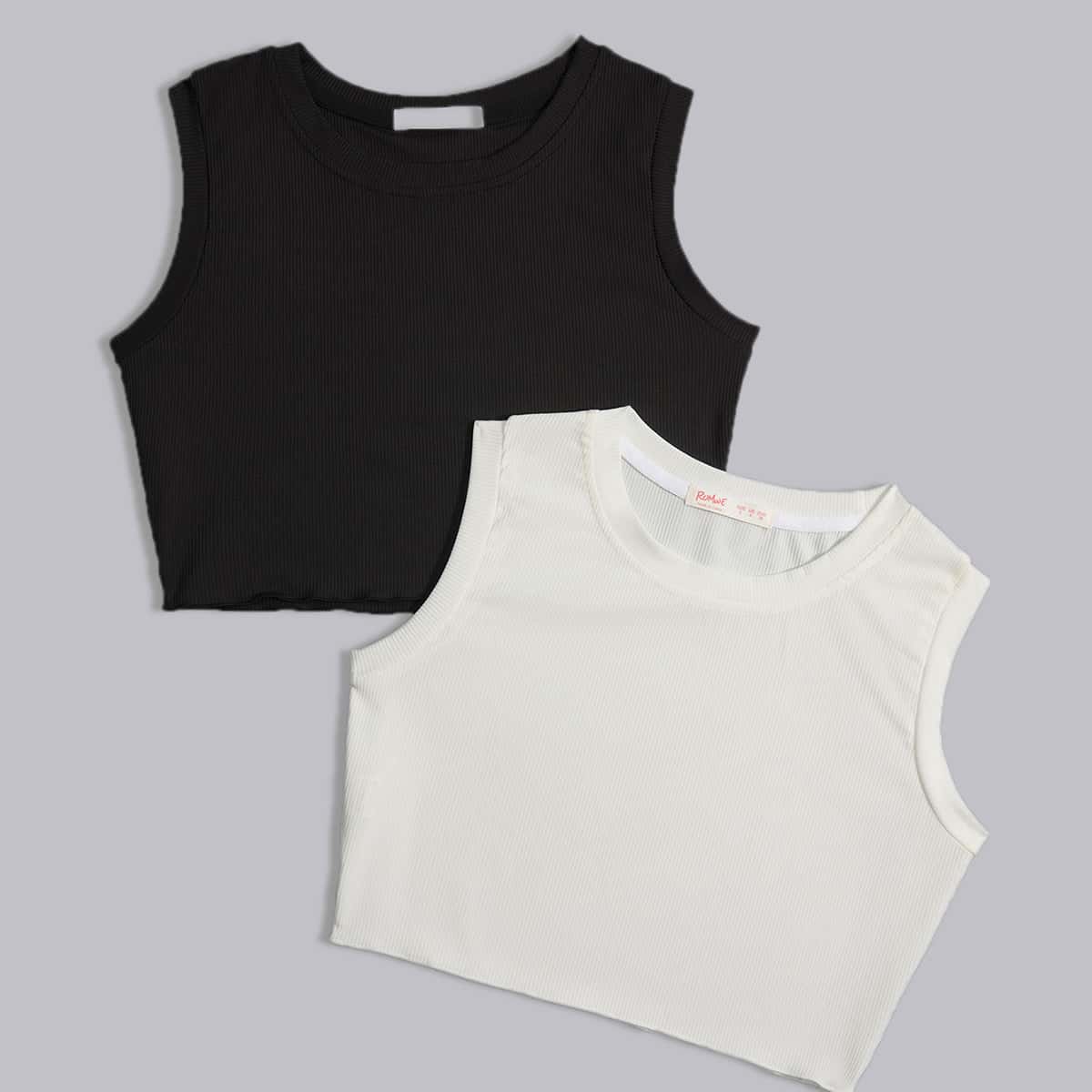 

2pcs Solid Ribbed Tank Top, Black and white