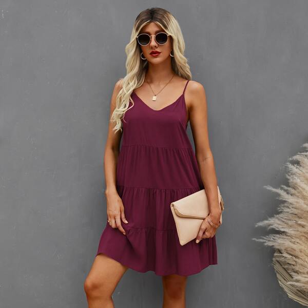 

Solid Flounce Hem Cami Dress, Burgundy