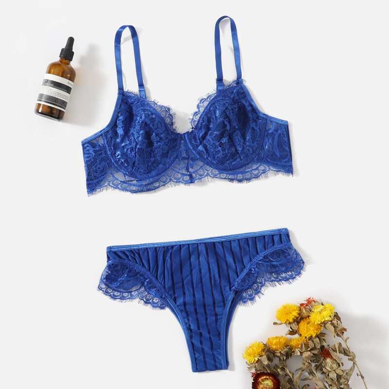 

Floral Lace Mesh Push Up Lingerie Set, Blue