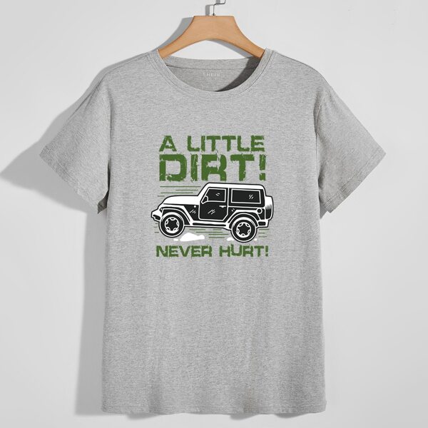 

Men Letter & Car Print Tee, Grey