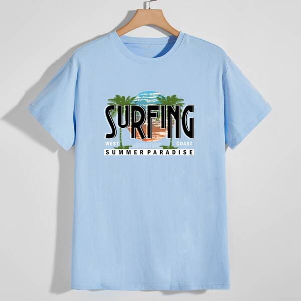 

Men Letter And Tropical Print Tee, Baby blue