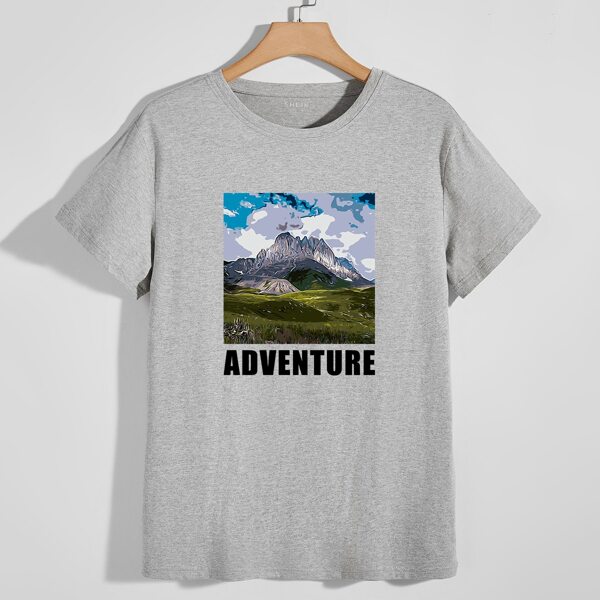 

Men Letter & Mountain Print Tee, Grey