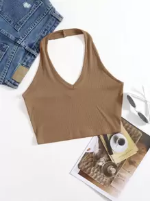SHEIN EZwear Rib-Knit Crop Halter Top - Khaki - View 1