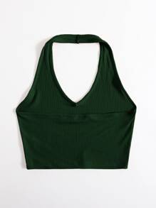 SHEIN EZwear Rib-Knit Crop Halter Top - Dark Green - View 2