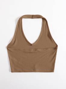 SHEIN EZwear Rib-Knit Crop Halter Top - Khaki - View 2