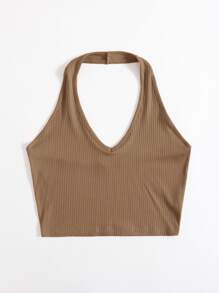 SHEIN EZwear Rib-Knit Crop Halter Top - Khaki - View 3
