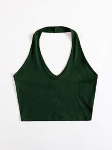 SHEIN EZwear Rib-Knit Crop Halter Top - Dark Green - View 3