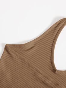 SHEIN EZwear Rib-Knit Crop Halter Top - Khaki - View 4